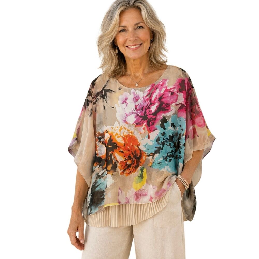 Ali Miles Floral Pleated Hem Poncho Blouse Boho Art To Wear Top Women’s M